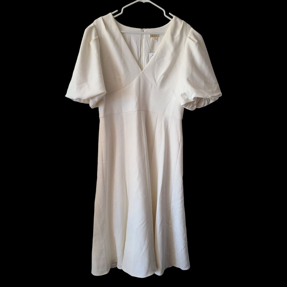 Shoshanna US Women's Sz 10 Canyon Crepe Midi Dress Puff Sleeves NEW *tiny Flaw*